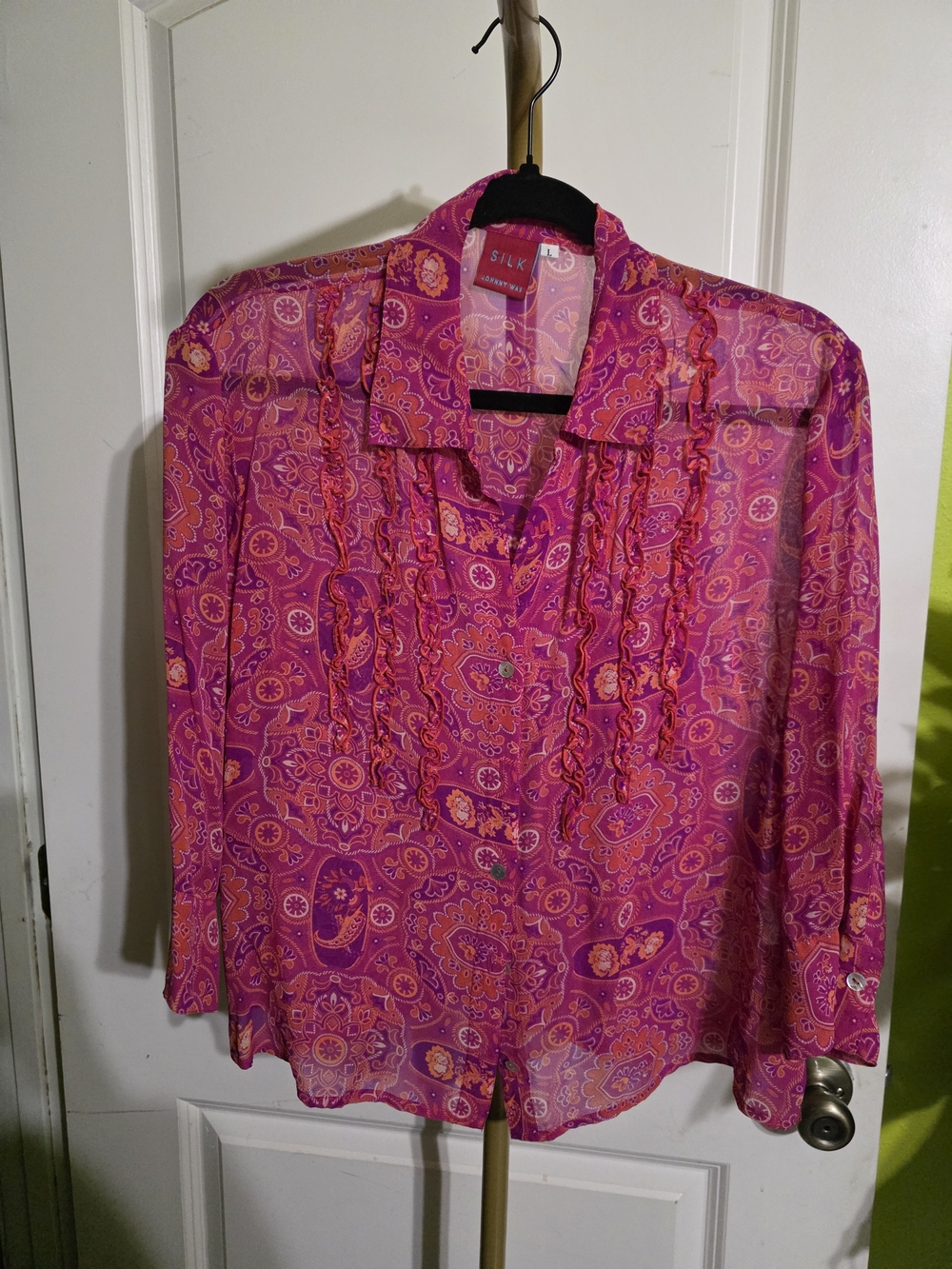 Johnny Was Pink Paisley Ruffle Silk-Blend Blouse